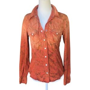 Vintage True Religion Orange Ombre Floral Western Cowboy Shirt with Pearl S…